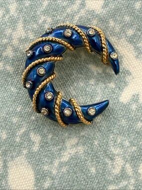 Vintage Trifari Gold-Tone & Blue Crystal Crescent Pin - Women's Jewelry